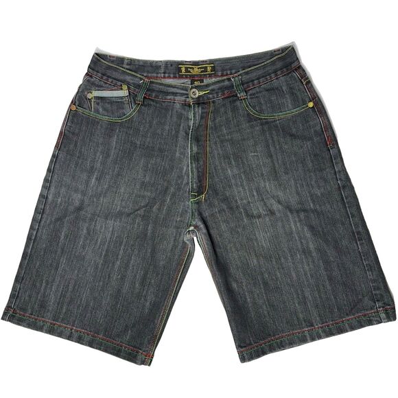 VTG 90s Y2K VICTORIOUS Colorful Embroidered Black Denim Shorts Men Size 40 (B1) - Picture 5 of 15